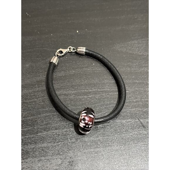 PANDORA Murano Purple Blossoms Extra Large Charm In Sterling/ Leather Bracelet - Picture 2 of 7